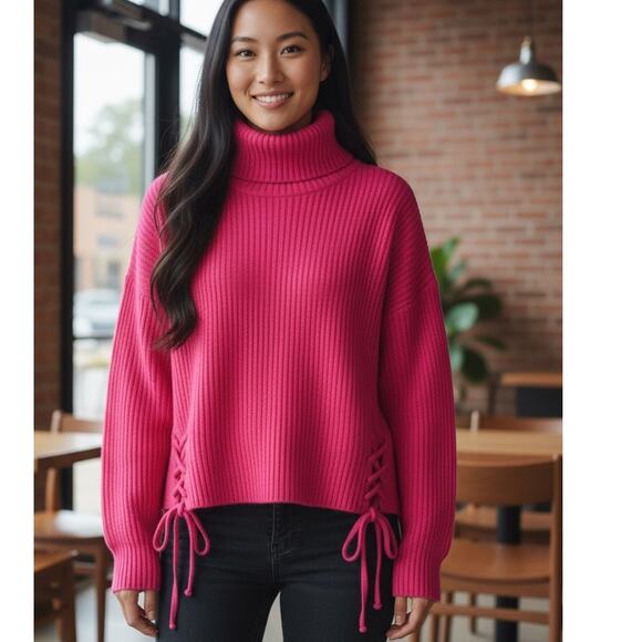 Runway 7 Cowl Neck Fuchsia Sweater SZ 1X Cropped Tie Sides Ribbed Knit Office - Picture 1 of 11